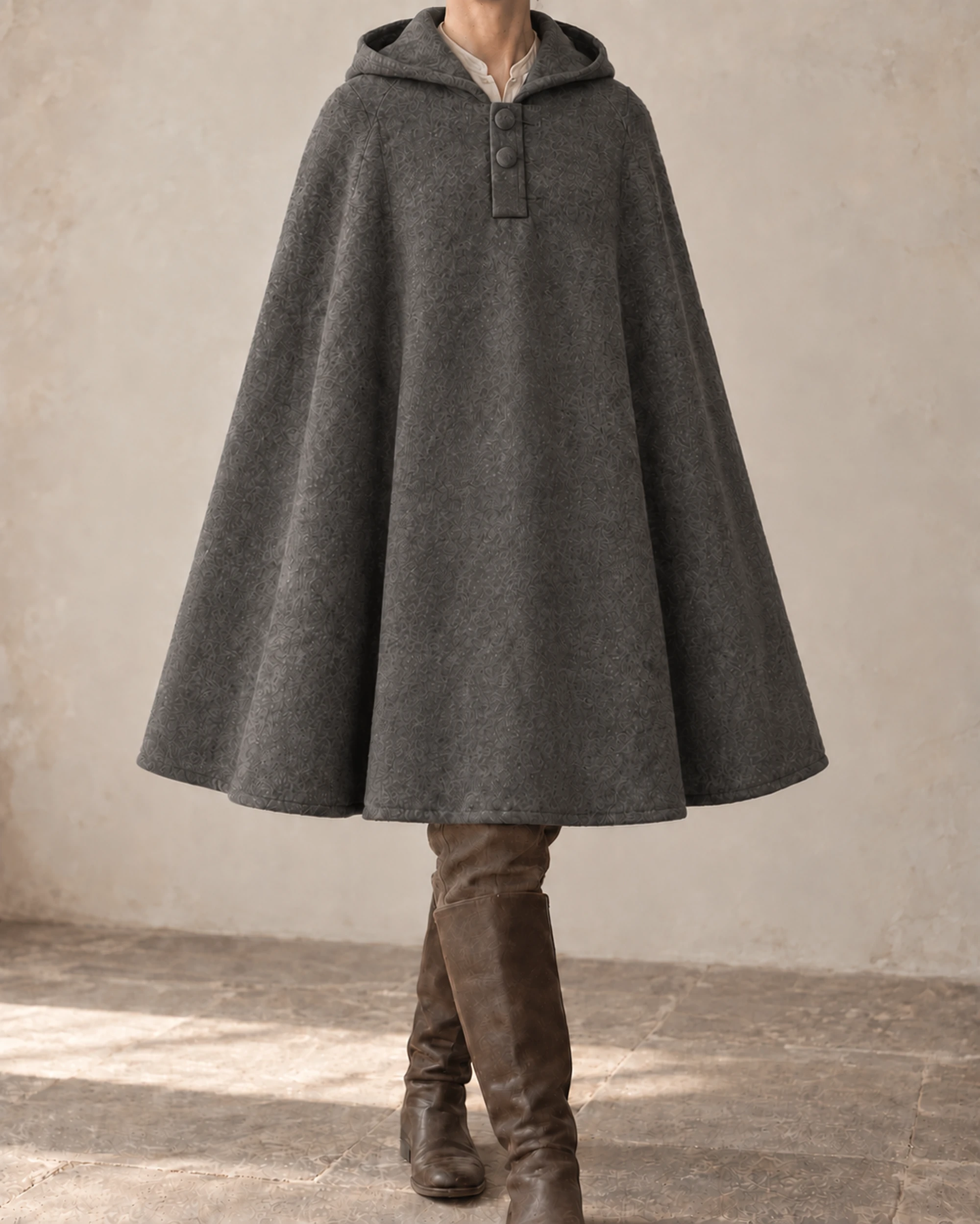 Greyfriar Bell-Cut Pilgrim Cloak - Stone Grey, front view Greyfriar Bell-Cut Pilgrim Cloak in Stone Grey, front view showing collar and full drape