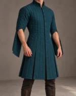 Larkspur elbow-open festival gambeson in Deep Teal, front three-quarter view