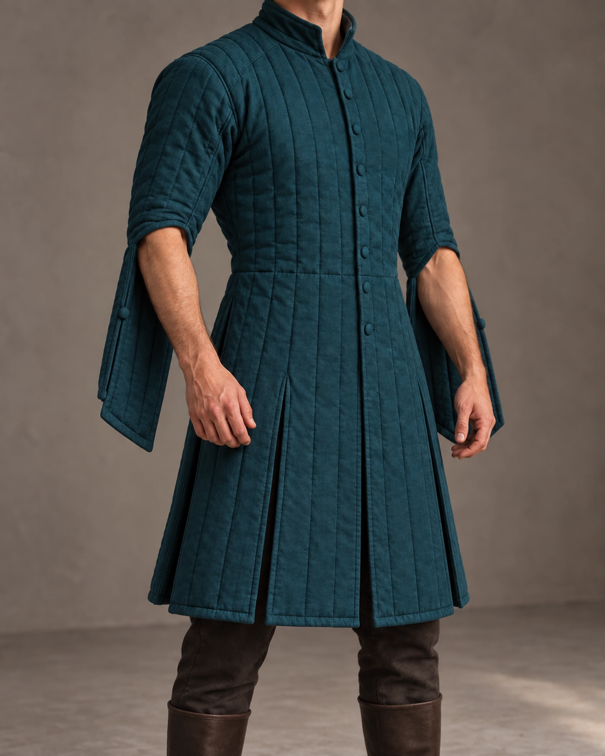 Larkspur Elbow-Open Festival Gambeson - Deep Teal, front three-quarter view Larkspur elbow-open festival gambeson in Deep Teal, front three-quarter view
