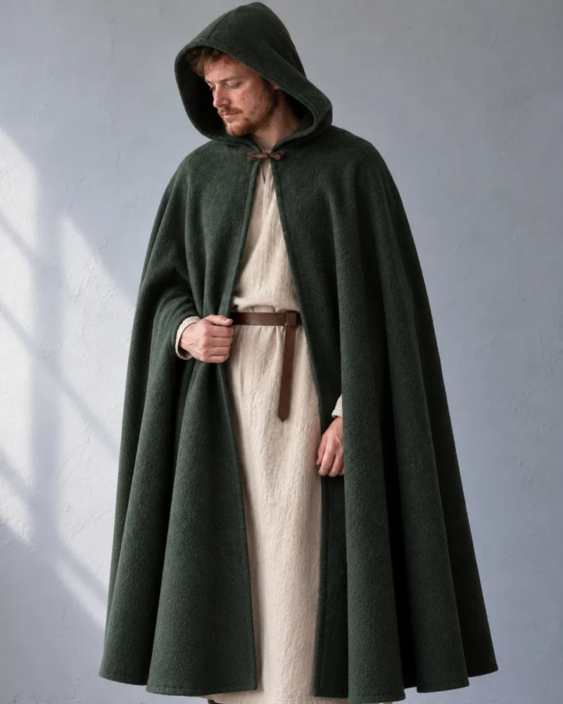 Model wearing a forest-green hooded medieval cloak with a brown throat fastening over a cream tunic