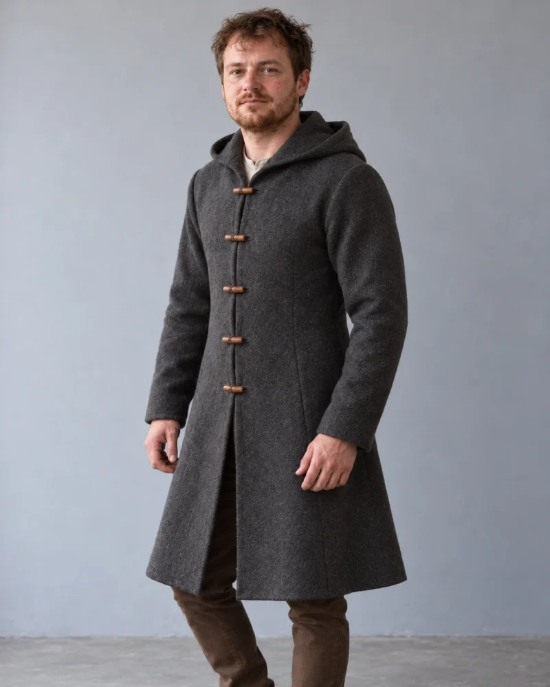 Model wearing a charcoal hooded medieval coat with five wooden toggles and a flared knee-length hem