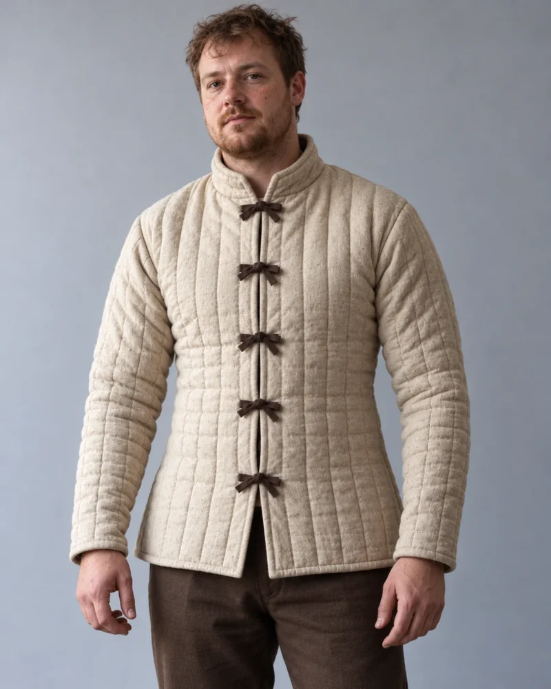 Model wearing an oatmeal quilted gambeson with long sleeves, vertical stitching and five brown front ties