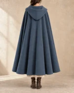 Merrow Integrated Shawl-Hood Cloak in Slate Blue, rear view showing shoulder construction and drape