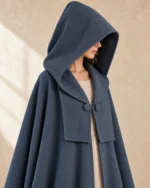 Merrow Slate Blue shawl-hood cloak with hood raised, showing short front ends and paired covered buttons
