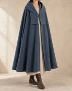 Merrow Integrated Shawl-Hood Cloak in Slate Blue, front view showing collar and full drape