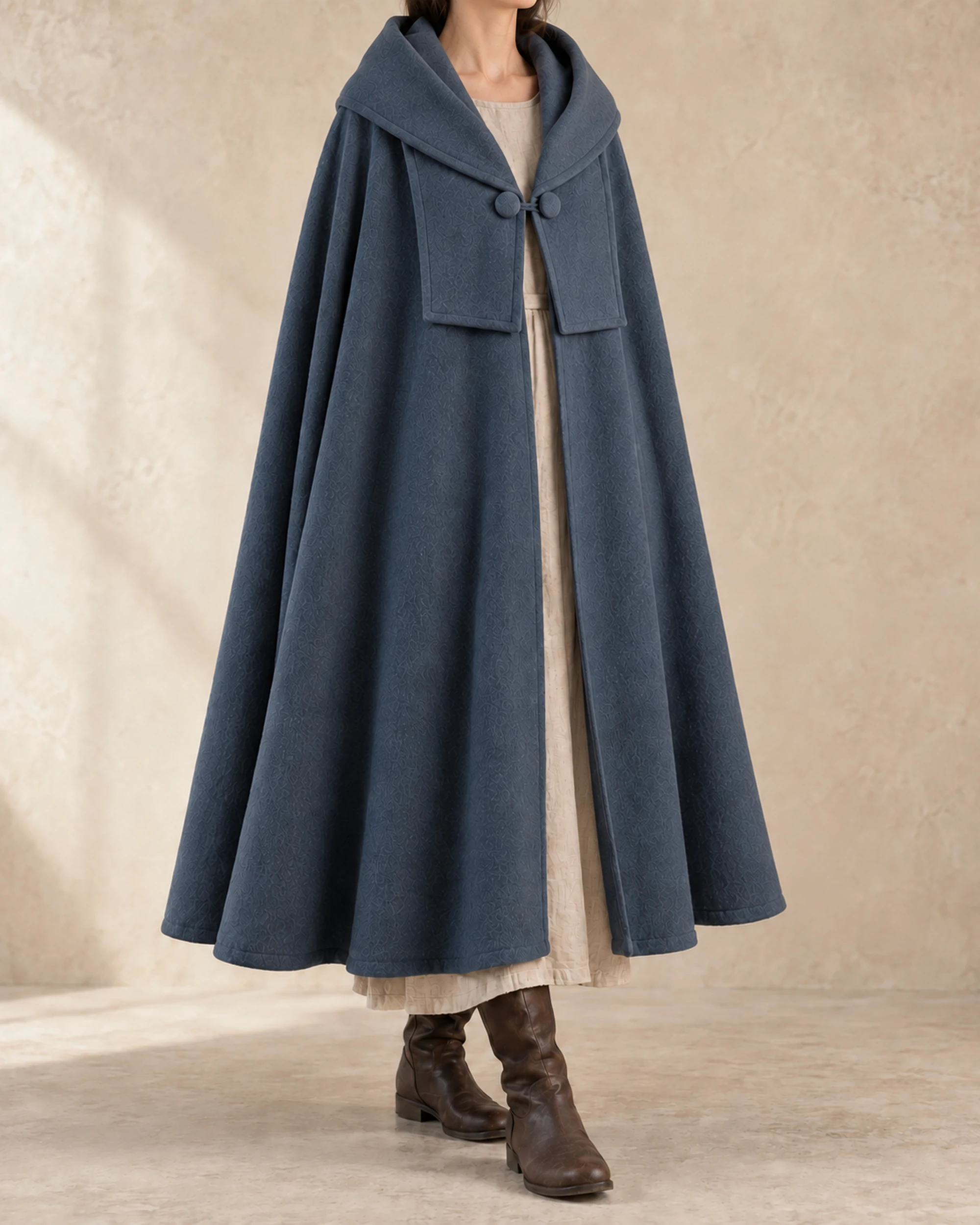 Merrow Integrated Shawl-Hood Cloak - Slate Blue, front view Merrow Integrated Shawl-Hood Cloak in Slate Blue, front view showing collar and full drape