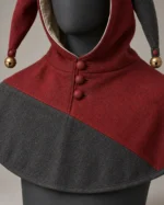 Mirthwick Two-Point Jester Hood in Burgundy and Charcoal, detail view