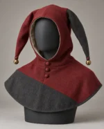 Mirthwick Two-Point Jester Hood in Burgundy and Charcoal, front view