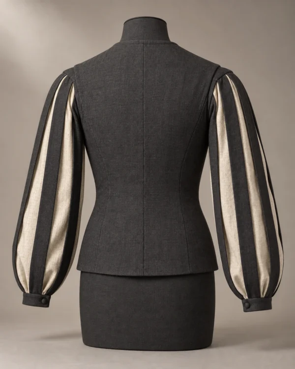 Paned-Sleeve Renaissance Doublet in Charcoal and Cream, back view