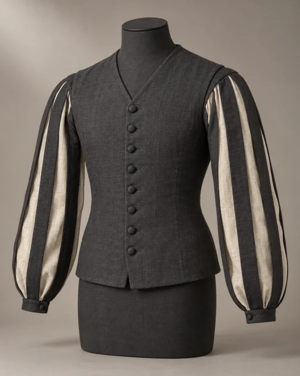 Paned-Sleeve Renaissance Doublet in Charcoal and Cream, front view
