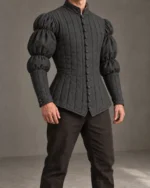 Ravensburg triple-puff quilted doublet in Charcoal, front three-quarter view