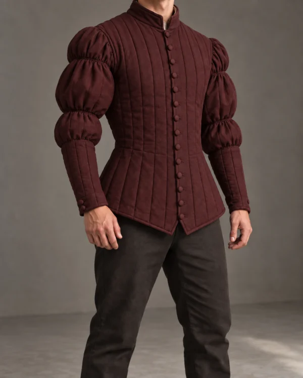 Ravensburg triple-puff quilted doublet in Deep Wine, front three-quarter view