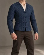Rivenhall triangle-gore quilted doublet in Deep Slate Blue, front three-quarter view