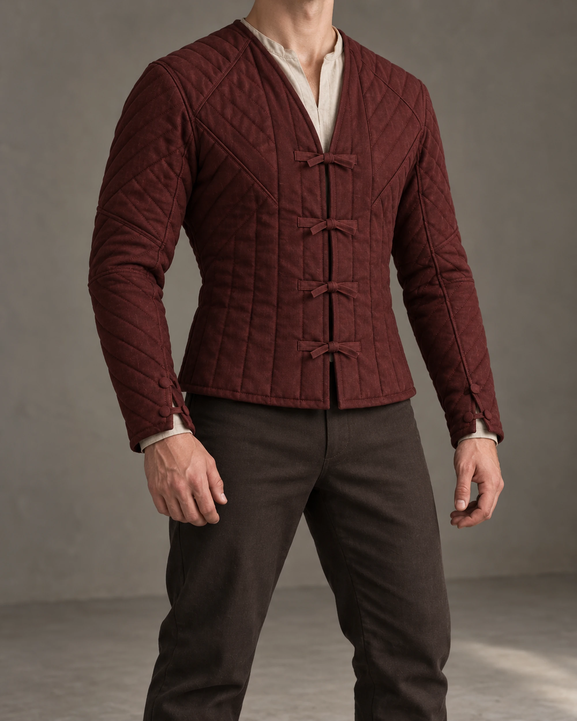Rivenhall Triangle-Gore Quilted Doublet - Oxblood, front three-quarter view Rivenhall triangle-gore quilted doublet in Oxblood, front three-quarter view