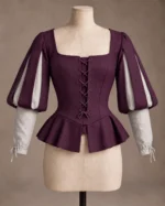 Rosamund Paned-Sleeve Lace-Up Bodice in Plum and Ivory, alternate color view