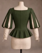 Rosamund Paned-Sleeve Lace-Up Bodice in Olive Green and Ivory, back view