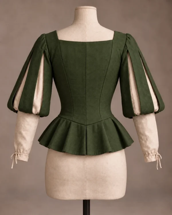 Rosamund Paned-Sleeve Lace-Up Bodice in Olive Green and Ivory, back view