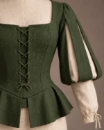 Rosamund Paned-Sleeve Lace-Up Bodice in Olive Green and Ivory, detail view