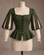 Rosamund Paned-Sleeve Lace-Up Bodice in Olive Green and Ivory, front view