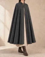 Rowanhall Box-Pleated Wool Cloak in Charcoal, front view of the alternate color