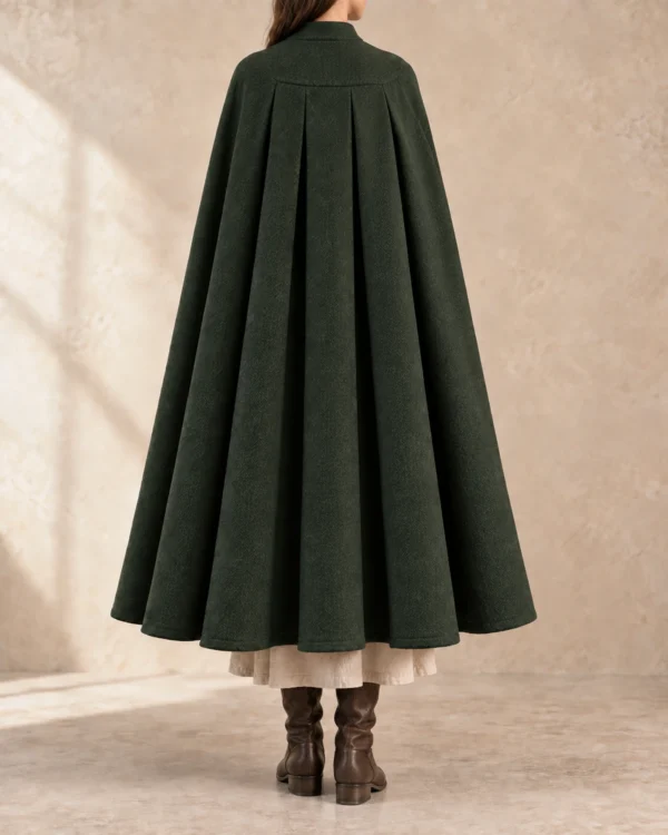 Rowanhall Box-Pleated Wool Cloak in Forest Green, rear view showing shoulder construction and drape
