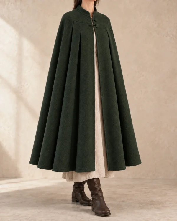 Rowanhall Box-Pleated Wool Cloak in Forest Green, front view showing collar and full drape