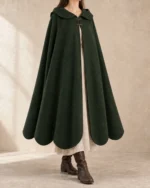 Rowanleaf Integral-Gore Cloak in Forest Green, front view showing collar and full drape