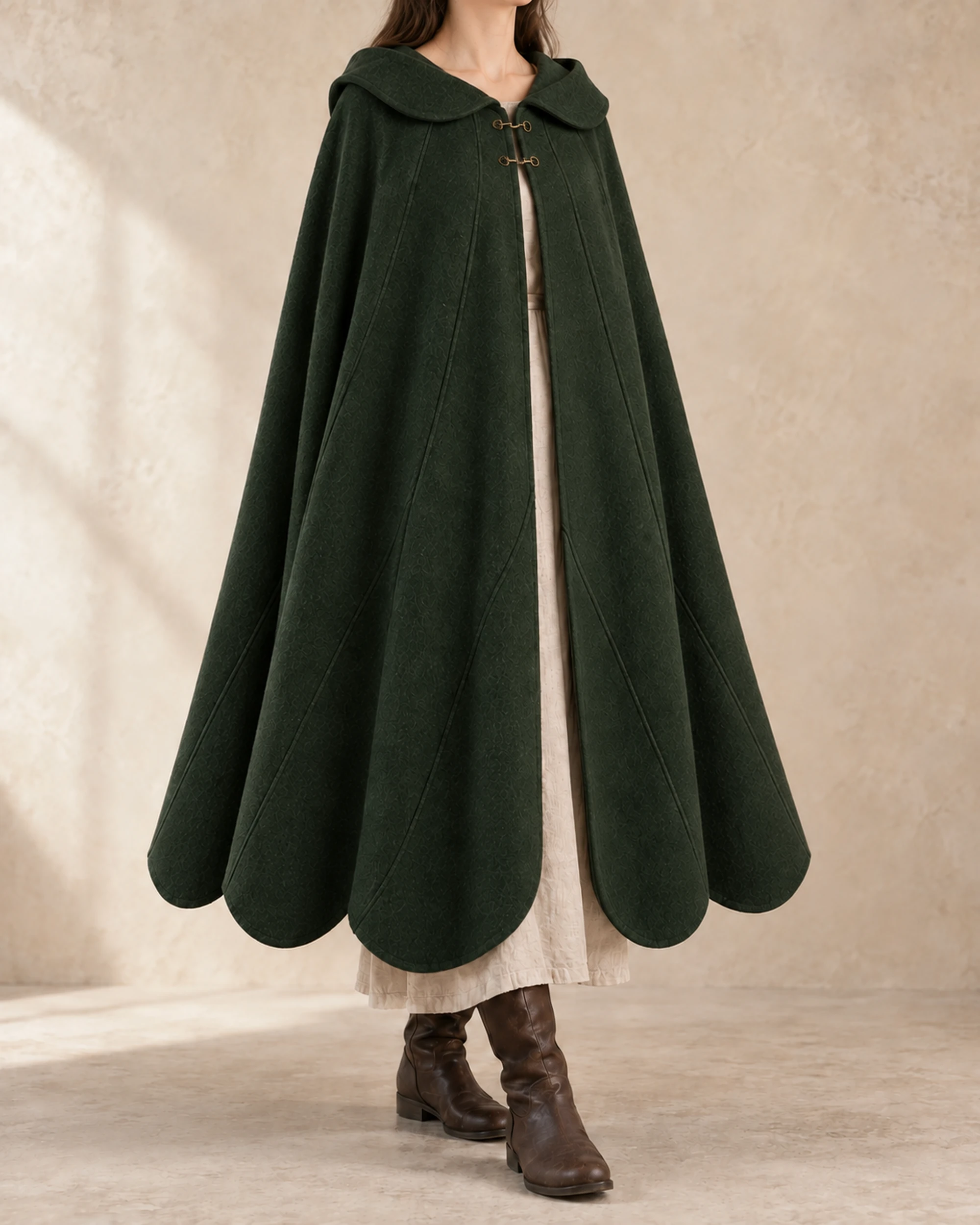 Rowanleaf Integral-Gore Cloak - Forest Green, front view Rowanleaf Integral-Gore Cloak in Forest Green, front view showing collar and full drape