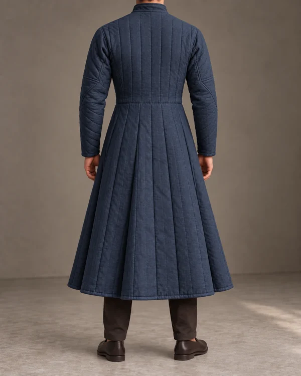 Sarovan six-gore quilted kaftan in Muted Indigo, back view