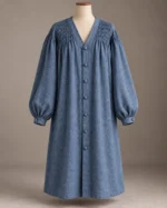 Smocked-Yoke Button Robe in Blue, alternate color front view
