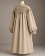 Smocked-Yoke Button Robe in Natural Beige, back view
