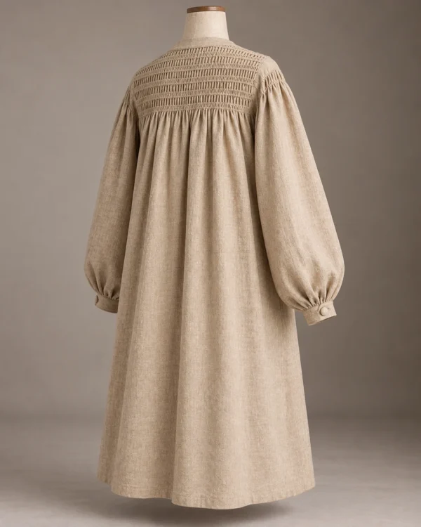 Smocked-Yoke Button Robe in Natural Beige, back view