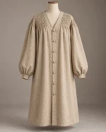 Smocked-Yoke Button Robe in Natural Beige, front view