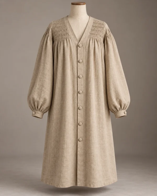 Smocked-Yoke Button Robe in Natural Beige, front view