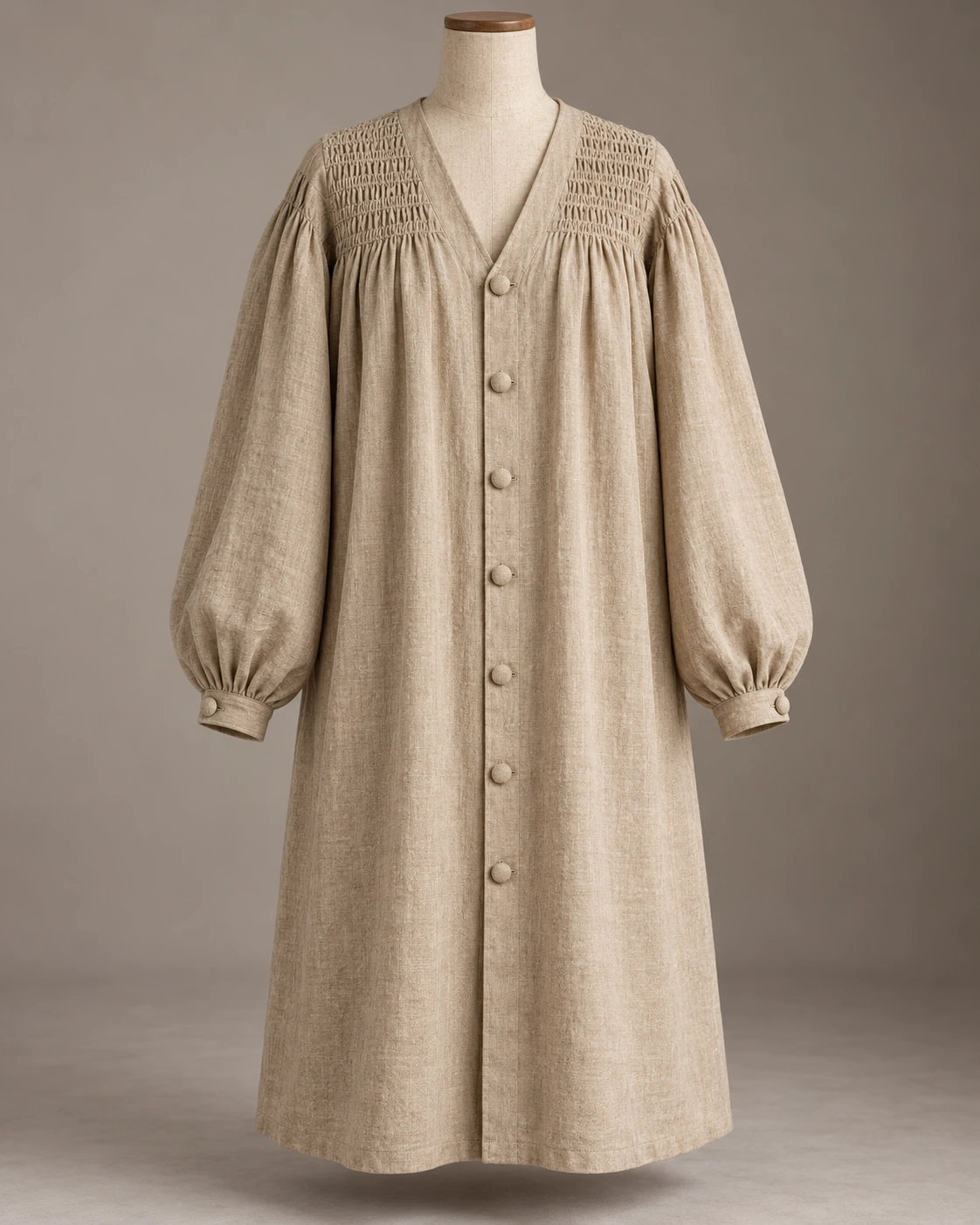 Smocked-Yoke Button Robe – Natural Beige front view Smocked-Yoke Button Robe in Natural Beige, front view