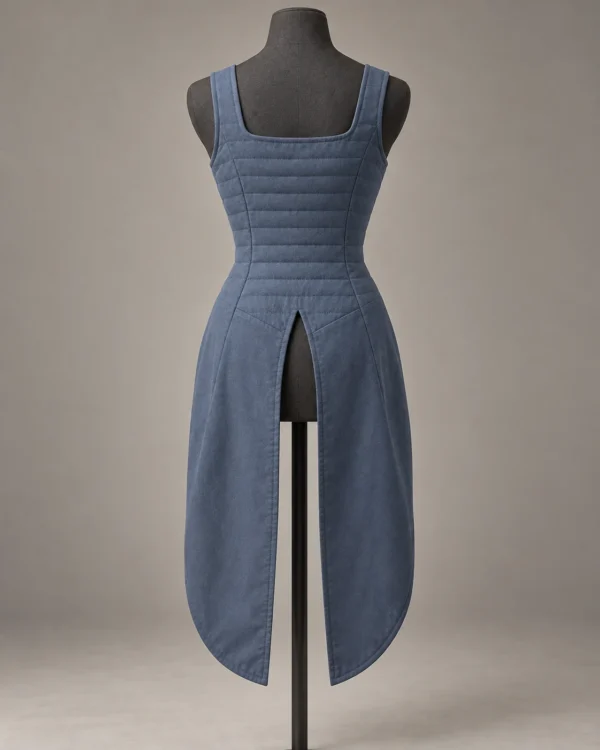 Split-Tail Quilted Waistcoat in Slate Blue, back view