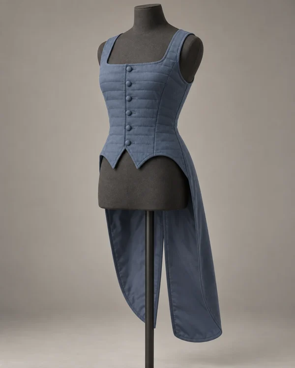 Split-Tail Quilted Waistcoat in Slate Blue, front view