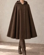 Stormgate Overlap Event Cloak in Dark Brown, front view of the alternate color