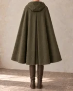 Stormgate Overlap Event Cloak in Olive, rear view showing shoulder construction and drape