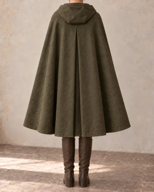Stormgate Overlap Event Cloak in Olive, rear view showing shoulder construction and drape