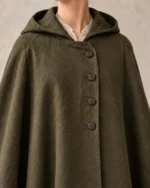 Stormgate Overlap Event Cloak in Olive, close-up of collar, cloth and closure construction