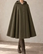Stormgate Overlap Event Cloak in Olive, front view showing collar and full drape
