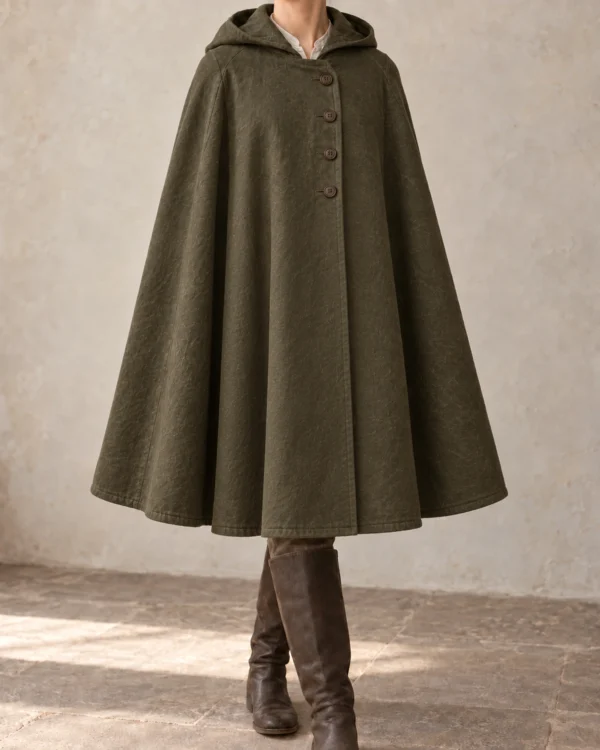 Stormgate Overlap Event Cloak in Olive, front view showing collar and full drape