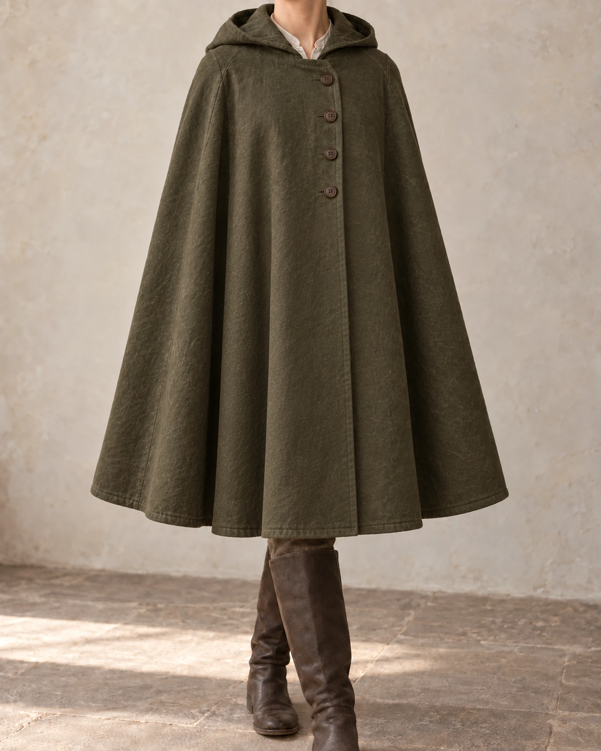 Stormgate Overlap Event Cloak - Olive, front view Stormgate Overlap Event Cloak in Olive, front view showing collar and full drape