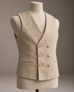 Natural flax double-breasted linen waistcoat with a low V-neck and six covered front buttons