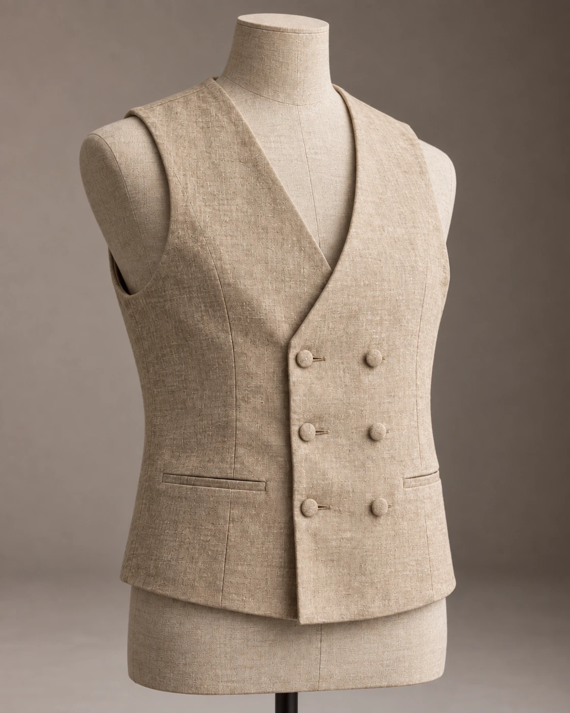 Thorne Double-Breasted Linen Waistcoat – Natural Flax Front Natural flax double-breasted linen waistcoat with a low V-neck and six covered front buttons