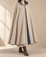 Twinfold reversible festival cloak with the Natural Flax face outward, front view