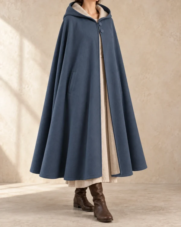 Twinfold reversible festival cloak with the Slate Blue face outward, front view