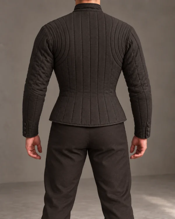 Valcourt quilted pourpoint in Deep Charcoal, back view