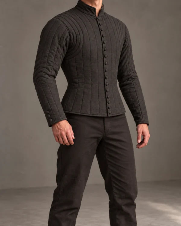 Valcourt quilted pourpoint in Deep Charcoal, front three-quarter view